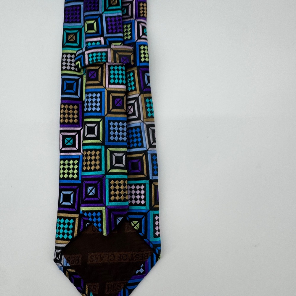 Robert Talbott Silk Tie Geometric Squares Pattern Purple Blue Green - Picture 2 of 6